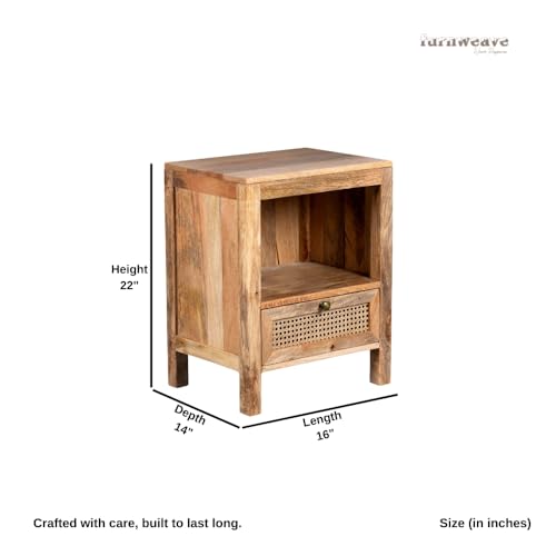 Image of Wooden Bedside Table for Bedroom with Drawers | Solid Wood Safor Rattan Bed Side Table with Drawers | Side Table for Living Room | Traditional Chest of Drawer for Home (Natural)