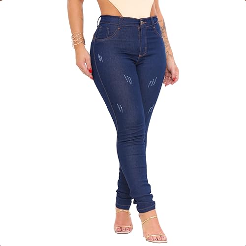 Calça Jeans Feminina Skinny Cintura Alta Com Lycra Premium Levanta Bumbum (46, Azul)