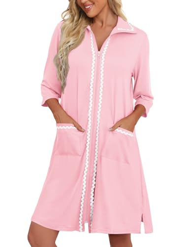 Ekouaer Women Zipper Robe Lightweight House Coat Zipper Front Short Bathrobes Soft Nightgown with Pockets S-3XL