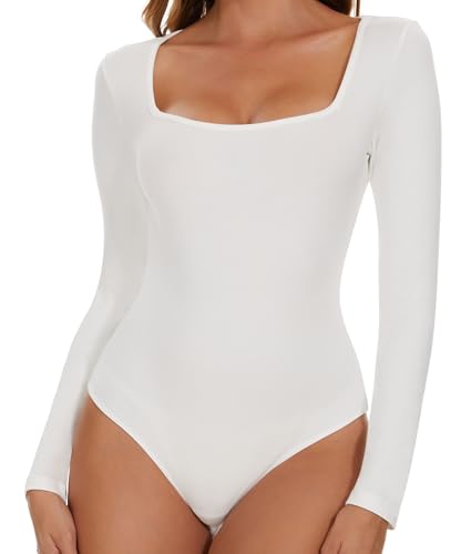 SHAPERIN Women's Bodysuit Square Neck Long Sleeve Body Suit Top Tanga Leotard Jumpsuit Tops Elegant Bodysuits Going Out White Small