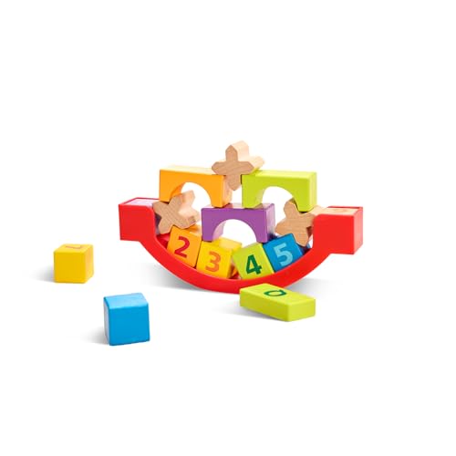 Hape Grow-with-Me 80-Piece Wooden Building Blocks Set for Toddlers, Educational Stacking & Sorting Toys with Balancing Base, Learning Cards & Storage Bucket, STEM Gift for Boys and Girls