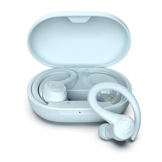JLab Écouteurs d'entraînement sans fil Go Sport+ avec appel clair C3, design sportif sécurisé, 35 heures de lecture Bluetooth et 3 réglages de son EQ (bleu clair)