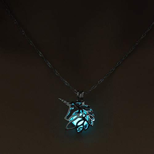 Fenical Unicorn Hollow Necklace Pearl Bead Cage Pendant Luminous Animal Metal Pendant Necklace Jewelry For Woman Girls Blue And Green #TOP3