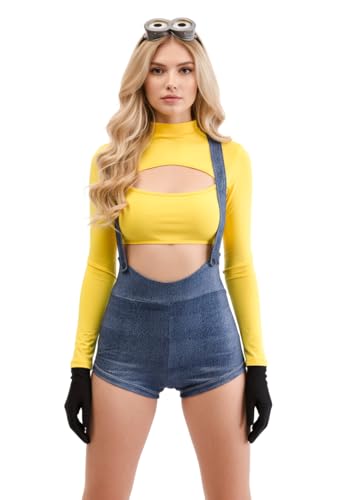 Playhaus Costumes Gelbes Mini-Arbeiter-Kostüm – kleines Chaos-Outfit für Erwachsene, Halloween, Festival, Party, Cosplay-Set, Gelb, Blau, S