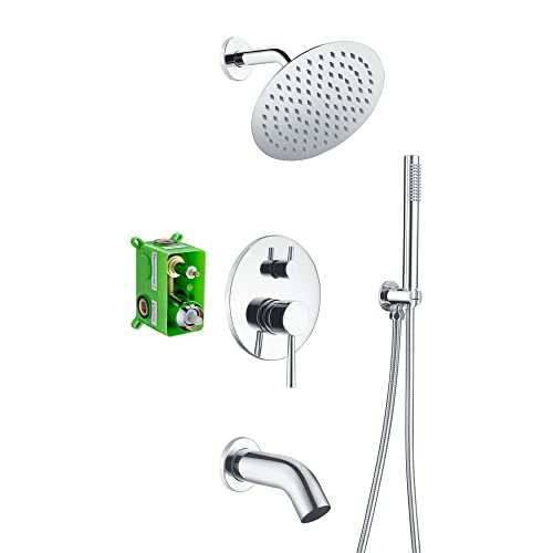 Image of sumerain Rain Shower System with Tub Spout, Tub Shower Faucet Set with 8 inches Shower Head and Hand Shower, Valve Included Chrome