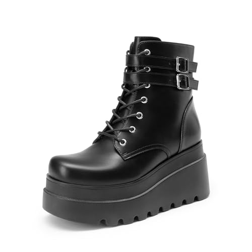 DREAM PAIRS Women Platform Combat Ankle Boots Goth Chunky High Heel Lace Up Motorcycle Booties,Size 8,Black-Pu,DWUMAB2519