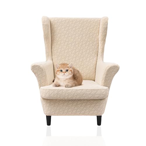 GYHH 2 Piezas Funda Sillón Orejero Elástica Funda Butaca Orejera Tejido Jacquard De Trapezoidal Funda De Sillón Adecuado Funda Cojín Independiente para Sala De Estar (Beige)