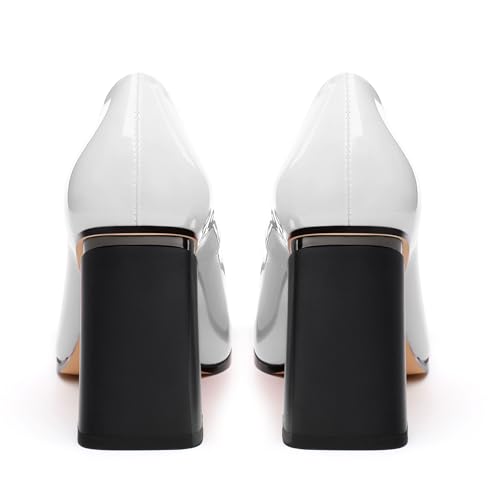 Chunky Block Heels for Women Patent Closed Pointed Toe Pumps Slip on Heels Dress Wedding Shoes 3.5IN4