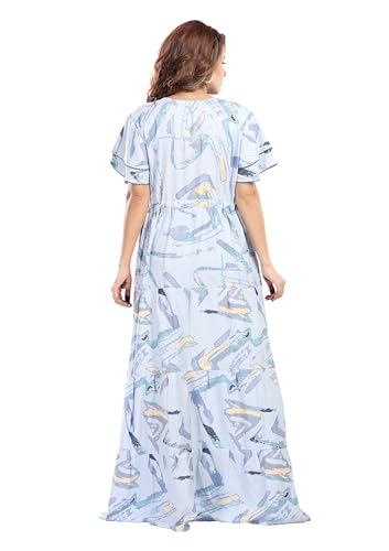 Image of NIGHT SHADES | Alpine Frock Style Designer Nighty |Women's Abstract Print Maxi Dress | Ruffle Sleeve |Cotton Blend| Women Nighty | Nighty for Women | Gown |