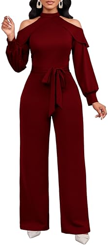 SxClub Burgundy Jumpsuits for Women Dressy Cold Shoulder Rompers with Belt