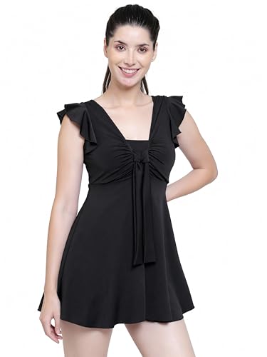 Image of Women Front Tie Knot Ruched Frock Style Padded One Piece Swimming Costume