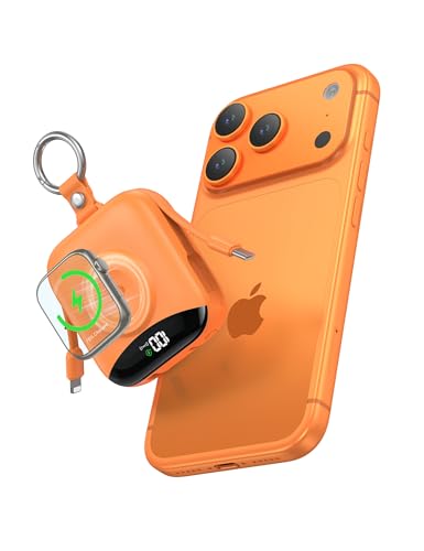 Portable Charger, 10000mAh 22.5W Fast Charging Power Bank with Built-in Cables, Travel Essentials Battery Pack with LED Display for iPhone, Portable iWatch Charger for 11/10/9/8/7/6/5/SE/Ultra Orange