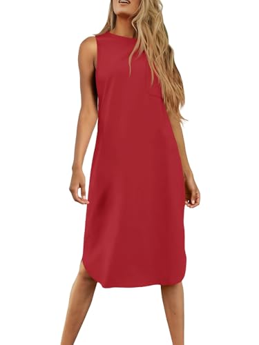 Image of Dyexces Summer Dress for Women Crew Neck Short Sleeve Solid Basic T-Shirts Casual Midi Dresses with Pocket
