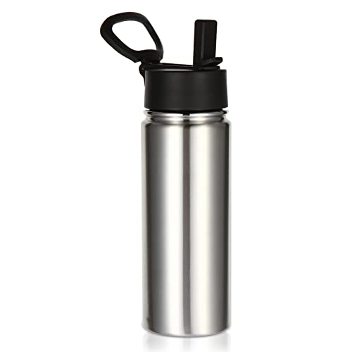 Volhoply 18oz Kids Insulated Water Bottle,Stainless Steel Water Bottles with Straw,Double Wall Vacuum Metal Water Bottle,Wide Mouth Reusable Sports Travel Flask For Cold Drink(Silver,1 Set)