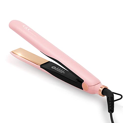 K&K Hair Straightener with 3D Floating Ceramic Plates Fast Heat up 2 in 1 Flat Irons with 4 Adjustable Temperature Suitable for All Hair Types auto Shut Off (Pink )