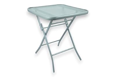 HERSIG - Mesa de Jardin Cuadrada Plegable de Acero y Vidrio Templado - Mesa Exterior Gris 60x60x70 CM - Mesas de Terraza y Jardín Cuadradas - Mesas para Verano Exterior con Cristal Texturizado