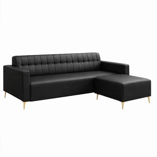 Image of SOCOZI Anton 4 Seater L Shape Sofa Set with Movable Ottoman | Flexible Left or Right Layout | Premium Leatherette with Golden Metal Legs |Sofa for Living Room (Black Leatherette)