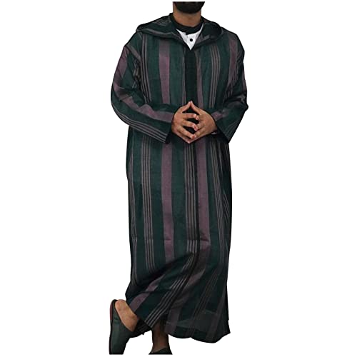 Men's Striped Robe Long Sleeve Zip-Up Thobe Long Gown Muslim Middle East Kaftan Dresses Muslim Dubai Clothes