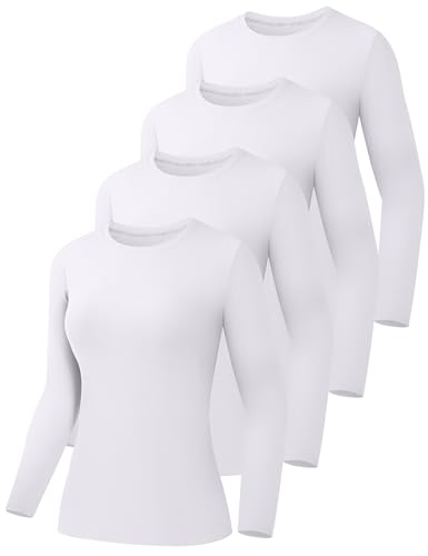 HOPLYNN 4 Pack Womens Long Sleeve Shirts Crew Neck Basic Compression Slim Fitted Workout Undershirts Baselayer Tops 4 White Large