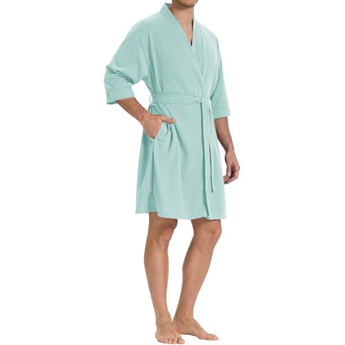 SIORO Mens Waffle Knit Lightweight Robe, Short Bathrobe with Pockets & 3/4 Sleeves, Kimono Loungewear for Summer & Spa3