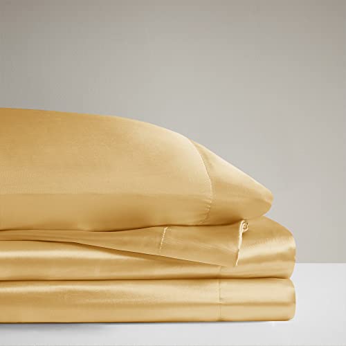 Image of Madison Park Essentials Satin Sheets Cal King Size Bed Set, 6 Piece, Gold | Luxury and Smooth Silky Bedding with Natural Sheen, All Around Elastic 14 inch Pocket fits up to 16 inch Mattress, Year-Round Cozy