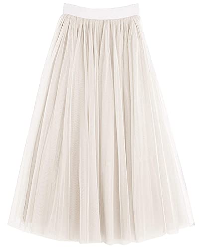 Lbkkc Women's Midi Tulle Skirt Elastic Waist 3 Layered Mesh Formal Prom Party Tutu Skirt A Line(Xl,Off White) #TOP5