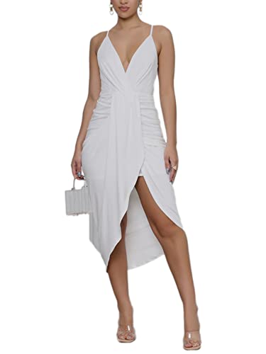LYANER Women's Boho V Neck Ruched Wrap Slit Hem Sleeveless Spaghetti Strap Midi Bodycon Dress