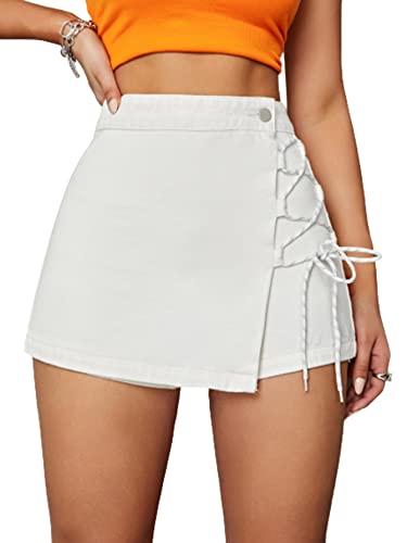Wdirara Women's Wrap Lace Up Tie Side High Waist Skort Casual Button Skirt Shorts White Xs #TOP20