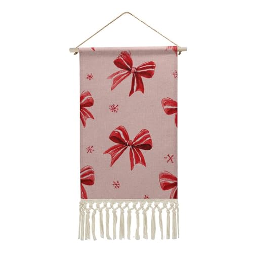 Jubonexis Arazzo da parete in lino, fiocco rosso bianco su sfondo rosa chiaro, poster da parete vintage con nappa e asta in legno