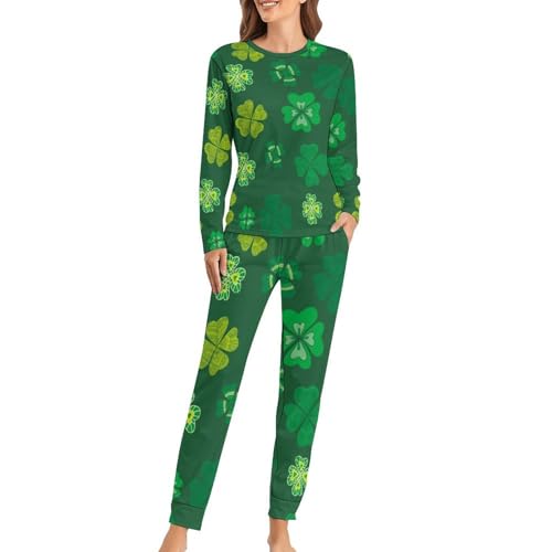 Pyjama femme trèfle vert, ensemble manches longues et pantalon doux