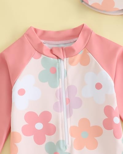 UV Kleidung Baby Badeanzug mit Hut Gr 62-98, Langarm UV Schutzkleidung Schwimmanzug Baby Mädchen Junge, Kleinkind Einteiliger UV Badebekleidung Shirt, Orange Blume 1-2 Jahre/80-86