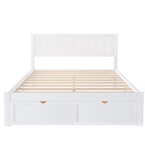 Moeo Full Size Platform Bed With Drawer, Solid Wood Bedframe For Kids/Bedroom/Boys/Girls/Teens, White #TOP3