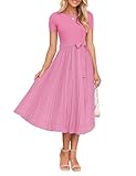 ZESICA Womens Summer Short Sleeve Midi Dresses Spring Casual Crew Neck Knit Belted Pleated A Line Flowy Wedding Guest Dress,Pink,Medium