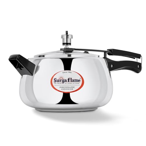 Image of Surya Flame Stainless Steel 5 Litre Pressure Cooker with Inner Lid, Magma Gas & Induction Compatible, ISI Certified (Silver), 3-Year Doorstep Warranty