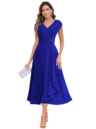 Image of SOLODISH Mother of the Bride Dresses for Wedding Tea Length Chiffon A Line Formal Wedding Guest Party Gown