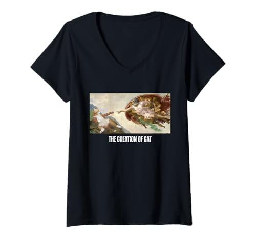 Donna Divertente Gatto Dio Creazione di Adamo Art Michelangelo Gesù Art Maglietta con Collo a V