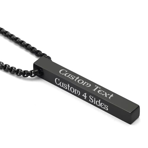 YUKOB Personalized 3D Bar Vertical Pendant Necklace - Custom 4 Sided Name Text Engraved Cuboid Stick Necklace Personalized Valentines Day Gifts for Men (Black)
