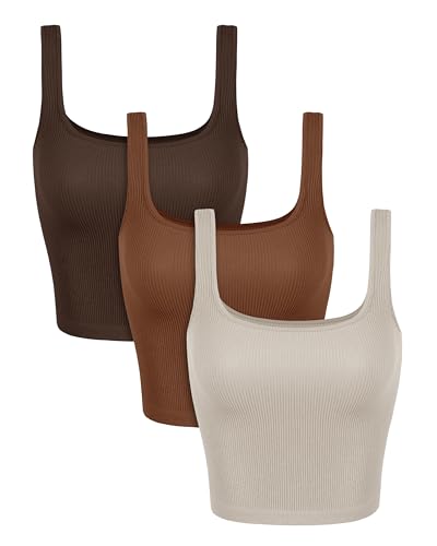 Image of ODODOS 3-Pack Seamless Square Neck Crop Tank for Women Ribbed Knit Soft Low Back Cropped Tops