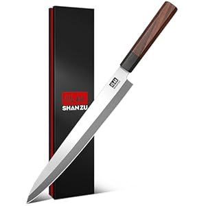 SHAN ZU 10 Inch Sushi Knife, High Carbon Japanese Steel Sashimi Knife, Japanese Knives for Fish Filleting & Slicing, Sushi Making Knives with Red Sandalwood Handle