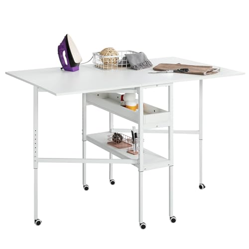 Table de Couture Pliante en Bois – Hauteur réglable – Table de Coupe Mobile – Table Pliante avec roulettes bloquables et Rangement – pour Atelier Couture, Salle créative, Bureau