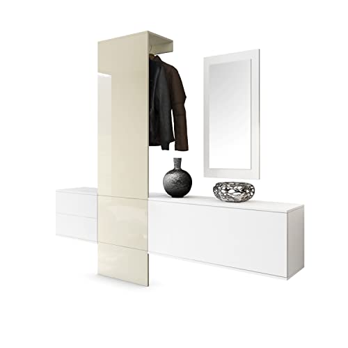 Vladon Garderobe Wandgarderobe Carlton Set 1, Made in Germany, Korpus in Weiß matt/Paneel in Creme Hochglanz