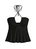 MakeMeChic Women's Criss Cross Halter Tops Babydoll Concert Sleeveles Cut Out Open Back Crop Peplum Tops Black Small