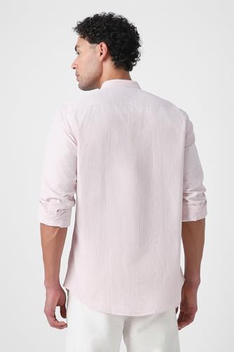 Image of Peter England Men's Casual Mandarin Collar Slim fit Full Sleeve Shirt in 100% Cotton Seersucker with Striped Design