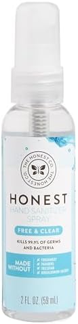 The Honest Company Plant-Based Hand Sanitizer Spray | Kills 99.9% of Germs | Hypoallergenic, Quick-drying + Moisturizing | Fragrance Free, 2 fl oz