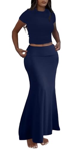 AYWA Skirt Sets for Women Fitted Short Sleeve Crew Neck T Shirt Fold Over Maxi Skirt Two Piece Outfits