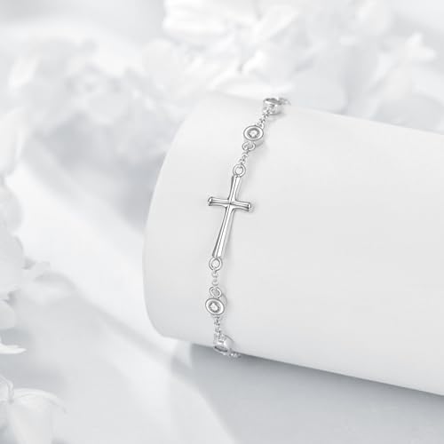 Cross Bracelet for Women Girls Sterling Silver Christian Sideways Cross Bracelets Danity Religious Link Chain Jewelry Gifts4