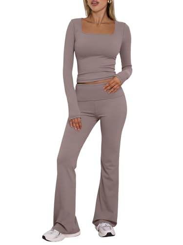 Trendy Queen Womens Workout Sets 2 Piece Fall Outfits Square Neck Tops Flare Pants Tracksuits Clothes Winter Fashion 2025