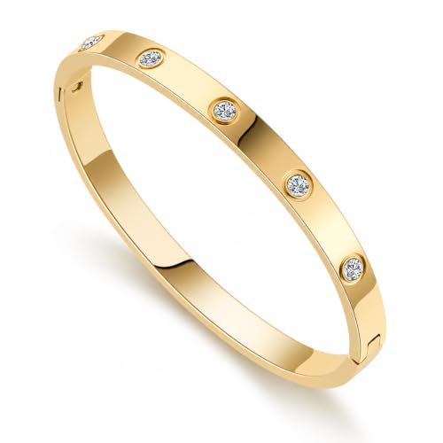 FOLOOTY Friendship Love Bracelet for Women - 18K Gold Plated Titanium Steel Cuff Bangle | Cubic Zirconia Jewelry Gift Simple & Durable Everyday Wear (S/M/L Size) (Gold Zircon 7.5)