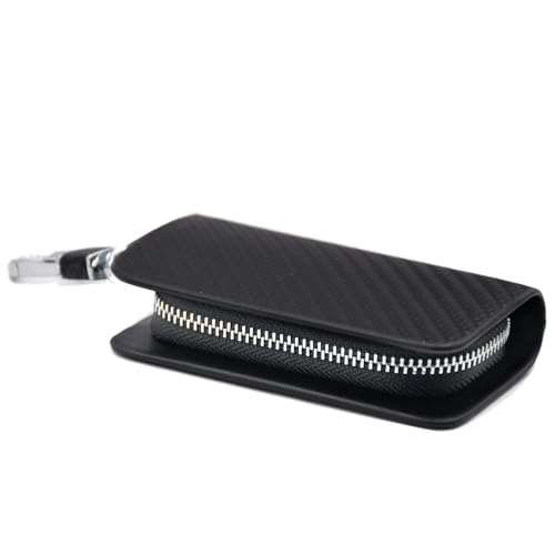 Image of KMH Premium Carbon Fiber Black Finish Car Key Wallet Bag | Wallet for Key Case Shell Pouch Cover Holder, Key Zipper Fob Protector | Smart Remote Keychain Holder with Metal Hook Keyring - Pack of 1