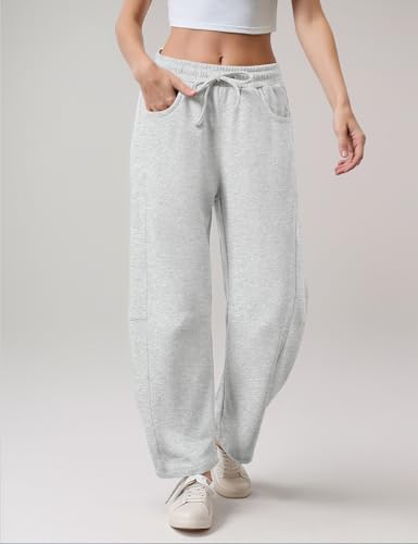 Wyeysyt Women's Barrel Leg Sweatpants Elastic Waistband Drawstring Wide Leg Pants Baggy Cotton Palazzo Pants with Pockets4